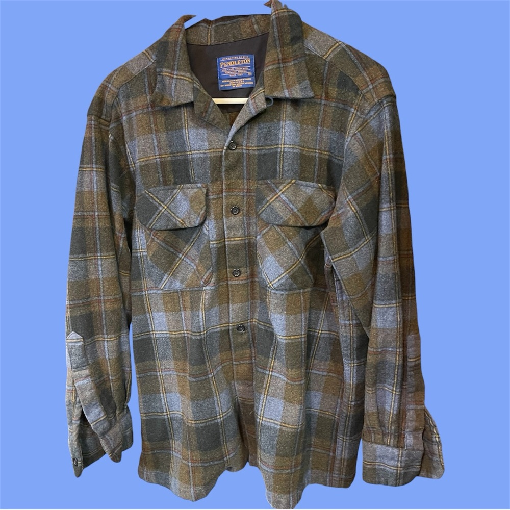 Pendleton Olive Gray Plaid Wool Board Shirt Jacket